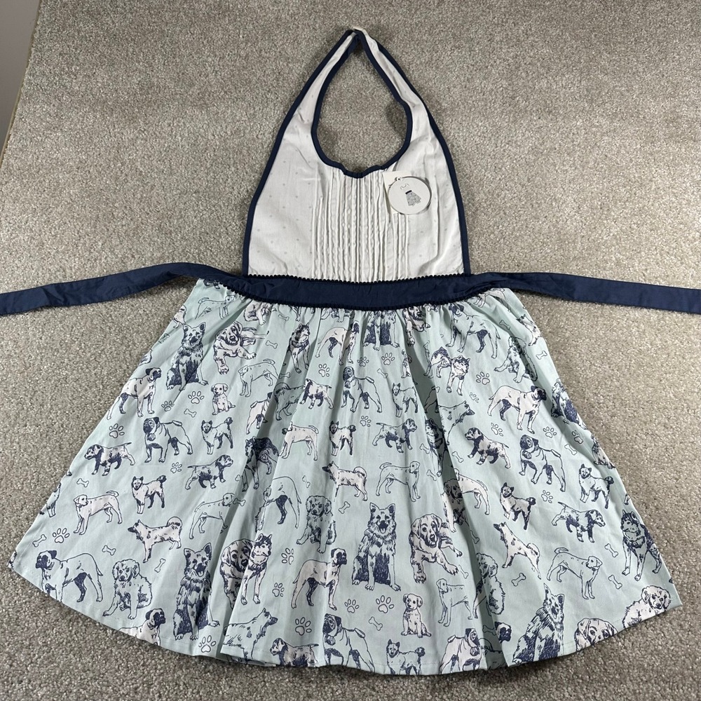 EnVogue Outlines Valencia Dog Print Apron Blue White Pintuck Pleated NWT